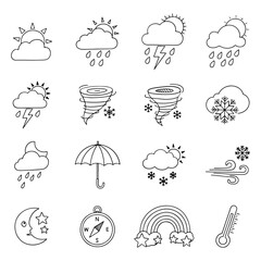 Obraz premium Hand drawn weather icons set with sun clouds rain and storm symbols