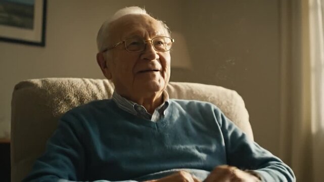 A wise, distinguished senior man rests in quiet contemplation within the comfort of his home, reflecting on a lifetime of cherished experiences and insights