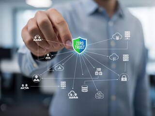 Closeup of a hand placing a Zero Trust shield icon between every user and every resource on a network architecture diagram, for modern security models