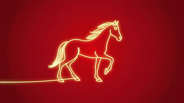 Single-line golden horse illustration on bright red background, continuous glowing stroke 