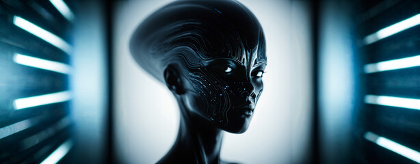 side profile of a sleek black humanoid artificial intelligence robot with a rounded helmet head looking forward in a bright scifi interior hallway.