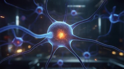 Detailed 3D rendering of interconnected neural network cells with glowing cores, representing brain activity or artificial intelligence. - Powered by Adobe