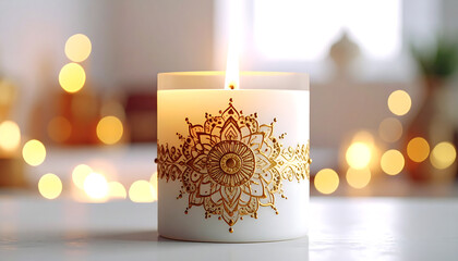 festive gold mandala candle glowing warmly in a soft bokeh background setting perfect for spiritual serenity holiday celebrations or tranquil home decor concepts