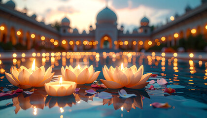 floating lotus candles and scattered petals drift on serene water reflecting a blurred temple at sunset ideal for diwali festival marketing.