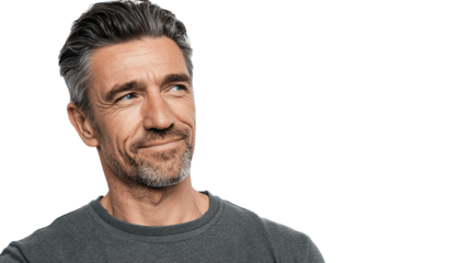 A thoughtful man smiling slightly, wearing a casual gray shirt, isolated on a white background.