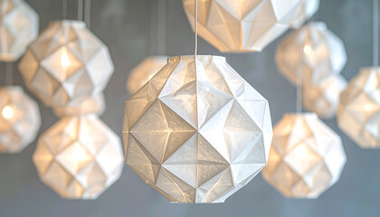 geometric paper lamps illuminating a contemporary interior space providing ambient lighting for modern design concepts and upscale event decorations