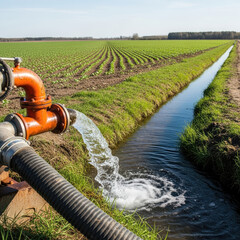 Irrigation system pumping water into a field canal for crop watering.