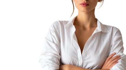 Confident woman in a white shirt with arms crossed, individual portrait on a white isolated background.