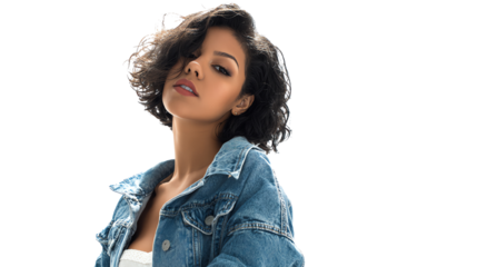 Confident woman with curly hair in denim jacket, posing with grace and style against white background.