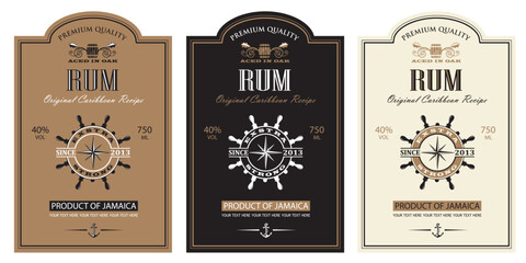 collection of rum labels with yacht helm and oak barrel in retro style
