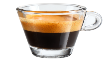 Espresso shot in a transparent glass cup on a white isolated background.