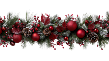 Festive Christmas garland with red ornaments, pinecones, and greenery on a white isolate background.