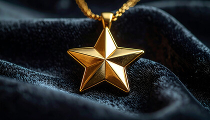 gold star pendant necklace resting on dark luxurious fabric symbolizing achievement and high quality for premium product advertising.