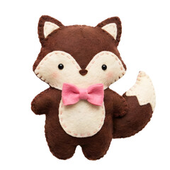 Fototapeta premium Cute plush felt fox toy with stitched details and pink bow tie isolated PNG