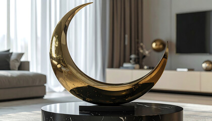golden crescent moon sculpture displayed as a centerpiece on a black marble coffee table in a modern luxury living room for elegant interior design concepts.