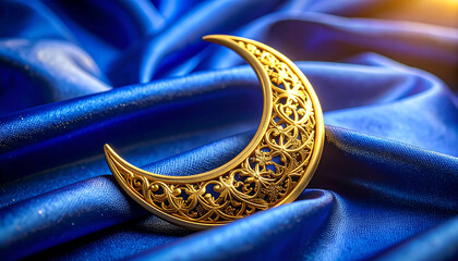 golden crescent moon an islamic symbol rests on rich blue silk fabric creating a serene backdrop for ramadan and eid holiday greetings.