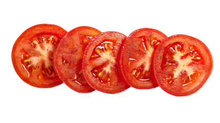 Freshly sliced tomatoes arranged in a row, vibrant red color, ideal for culinary presentations.