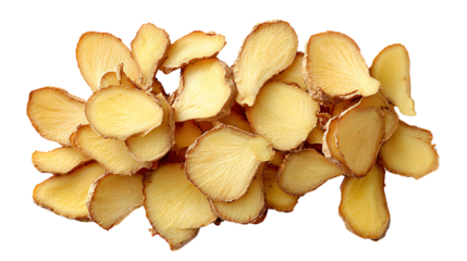 Ginger slices on a white isolated background, showcasing their natural texture and vibrant color.