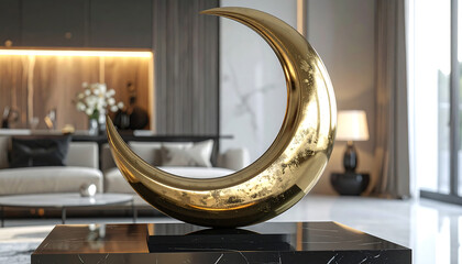 golden crescent moon sculpture on black marble table in modern living room elegant eid ornamental decor for ramadan celebration.
