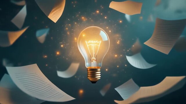 Light bulb idea concept with bright inspiration glow, papers and documents floating around 