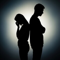 Silhouette of a distressed couple in emotional turmoil, their shadowy figures conveying tension and sorrow against a subtle gloomy background, evoking themes of relationship