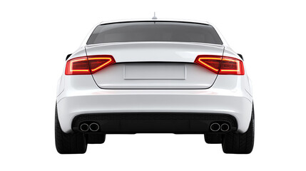 Sleek white car rear view, isolated on a white background for automotive concepts.