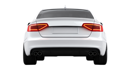 Sleek white car rear view, isolated on a white background for automotive concepts.