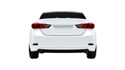 Sleek white car rear view, isolated on a white background.