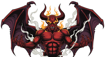 Muscular red demon with horns and wings, flames and smoke