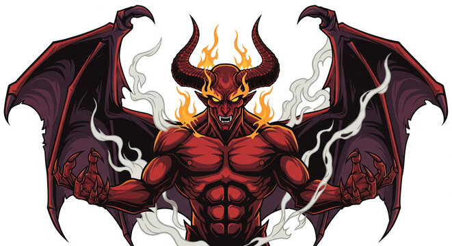 Muscular red demon with horns and wings, flames and smoke
