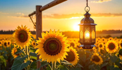 hanging arabic lantern sunset creating a warm glow in a vast sunflower field during golden hour ideal for summer holiday and spiritual themes.