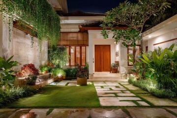 Obraz premium Charming illuminated home with lush greenery, stone pathway, wooden door at night