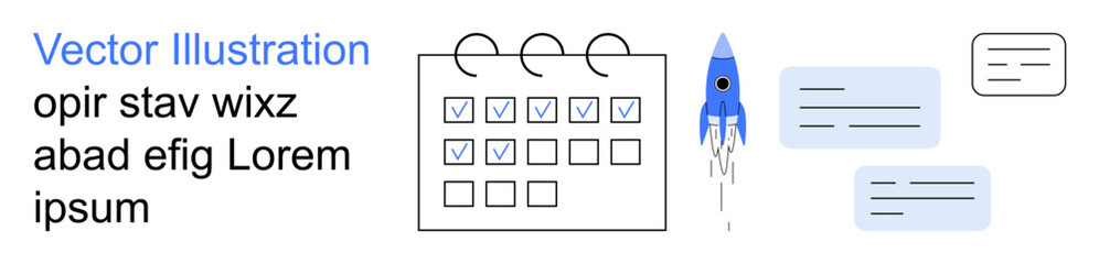 Productivity, planning, goal management, workflow optimization, communication, innovation. Calendar with checkmarks, rocket and text boxes. Productivity and planning concept