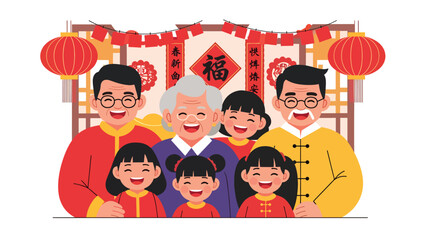 Modern vector illustration of multi-generation family smiling together during Chinese New Year celebration, symbolizing reunion, love, and cultural family values