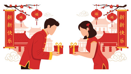 Modern vector illustration of people exchanging greetings and gifts during Chinese New Year, social celebration, goodwill, and festive cultural tradition © meeblues