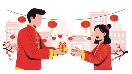 Modern vector illustration of people exchanging greetings and gifts during Chinese New Year, social celebration, goodwill, and festive cultural tradition © meeblues