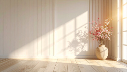 Fototapeta premium A serene white room with a vase of flowers on the floor illuminated by natural light streaming through the window.
