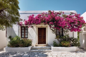 Charming white house with a blooming bougainvillea flower and wooden door