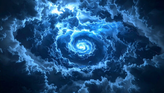 Aerial View of a Swirling Stormy Sky with Electrifying Clouds and Lightning