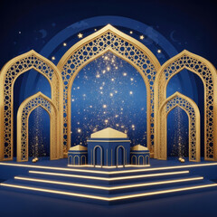 Luxurious Islamic Stage Design with Golden Arches and Starry Night Background.