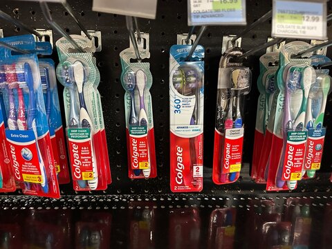 Colgate Toothbrush Products Display at a Retail Store, Alberta, Canada