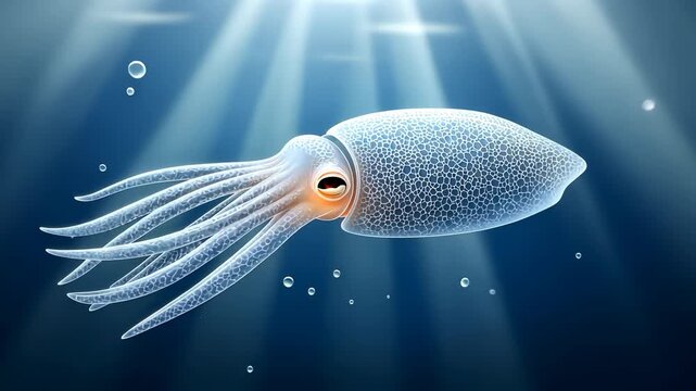 Graceful squid swimming through sunlit ocean depths with bubbles