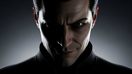 Man with a fierce and intimidating gaze looking down with a shadow cast over his face and dark attire against a gradient background.