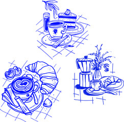 Coffee sketch cafe breakfast mood. Coffee cup with croissant, cake and moka pot drawn as quick hand sketch lines. 