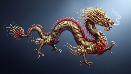 An ancient golden Chinese dragon statue serves as a traditional oriental roof decoration and powerful cultural symbol of Asian mythology in this golden vector art illustration