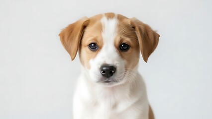 Adorable puppy with white and tan fur, dark eyes, and floppy ears looking directly at the camera with an innocent expression against a plain white background in a studio setting.