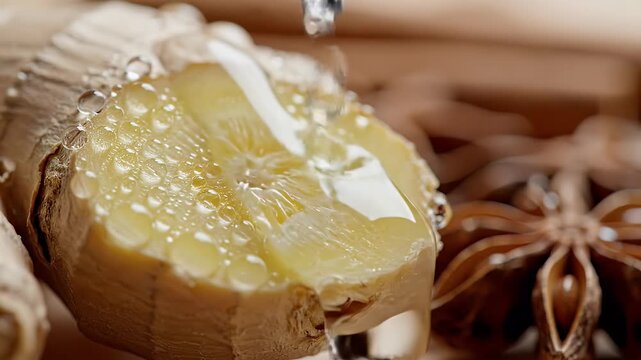 Fresh ginger root with honey drizzle showcasing natural ingredients for healthy recipes food photography and wellness concepts in a dark moody setting