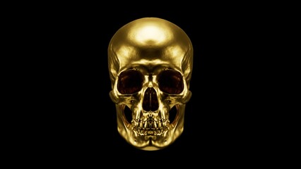 Luxury golden human skull isolated on black background, high resolution premium metallic skeleton 3D illustration.
