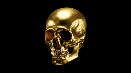 Luxury golden human skull isolated on black background, high resolution premium metallic skeleton 3D illustration.