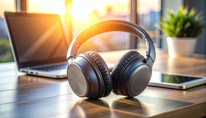 Modern Workspace: An inviting desk setup showcases a pair of sleek headphones alongside a laptop and tablet, bathed in warm sunlight. Embracing modern work or entertainment.